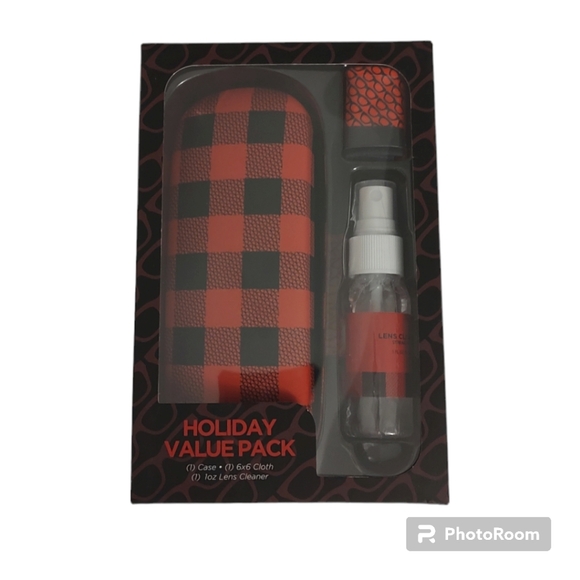 New Glasses Case Gift Set Black Red Plaid Case Cloth and Eyeglasses Lens Cleaner - Picture 1 of 2